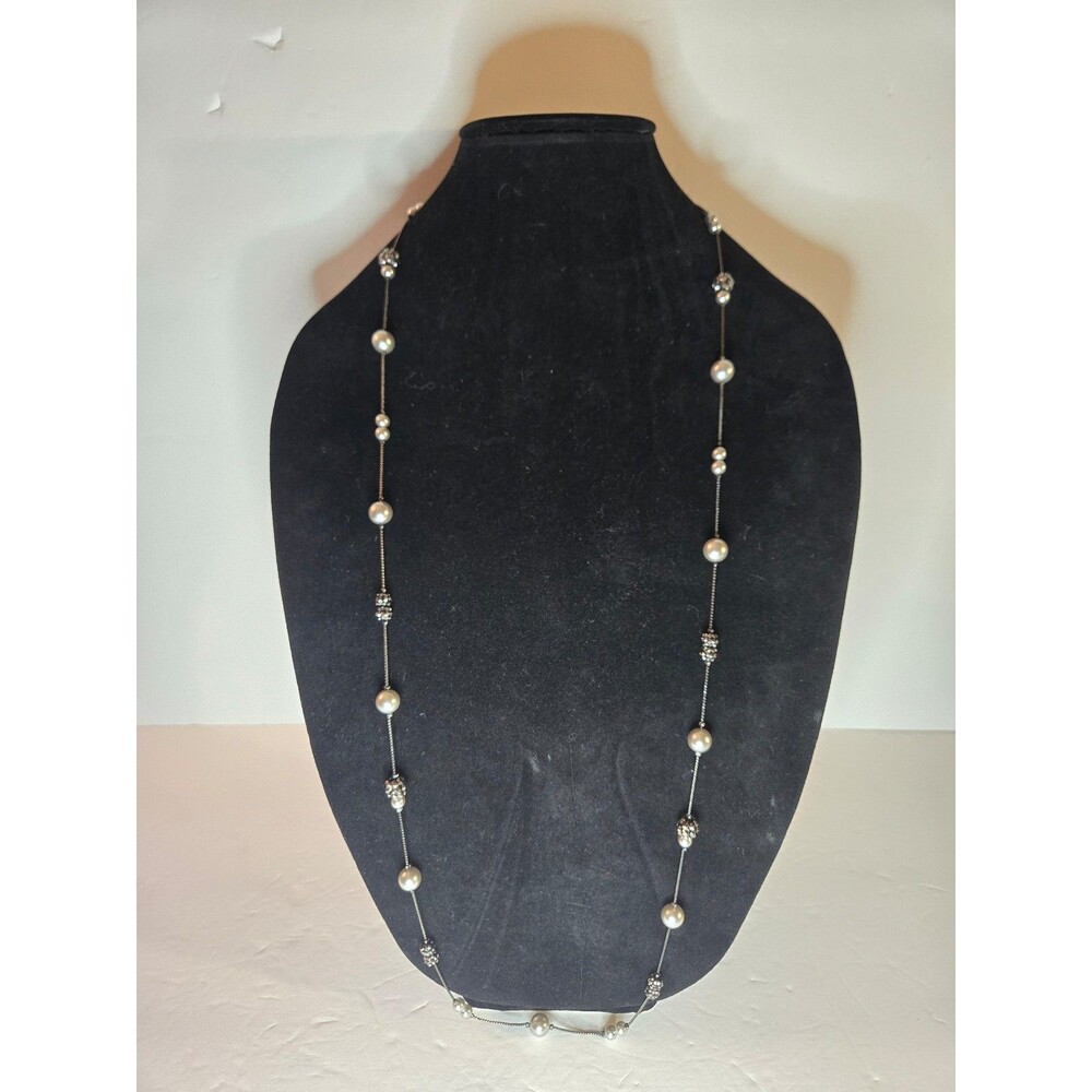 RMN Necklace Silver Tone Long Faux Pearls with Sparkly Beads Adjustable Length